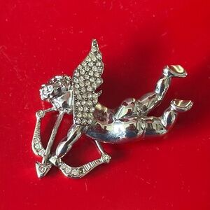 Vintage Brooch Pin Cupid Angel Cherub with Bow & Arrow Rhinestone Silver
